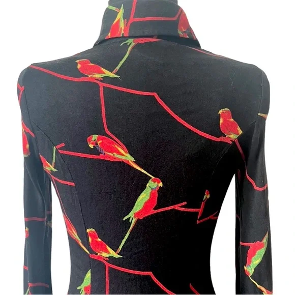 SOLD 70s Shirt Dress Bird Print Dagger Collar Sexy Dress Italy - Picture 5 of 7